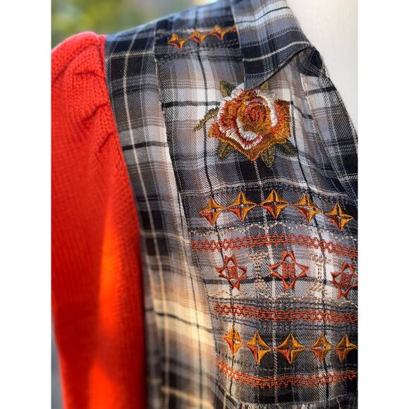 Upcycled Mystree Plaid Rayon Button Down with Sweater Puff Sleeves Size S-M - Picture 5 of 9